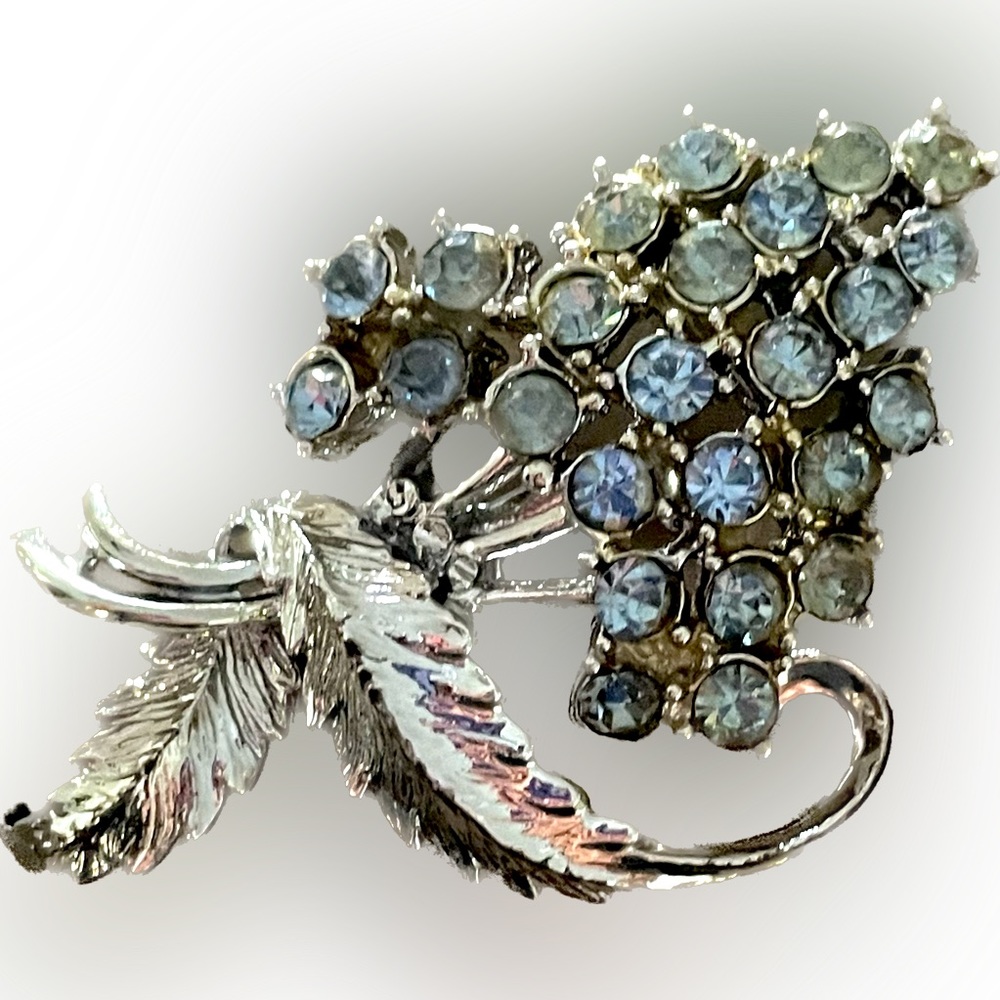 CORO Vintage Signed Multi-Shade Blue Rhinestone Floral Bouquet Metal Leaf Brooch